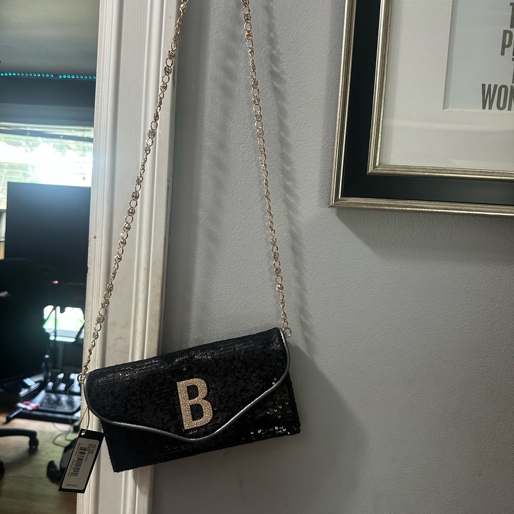 bebe Black Sequin Clutch with Gold Chain